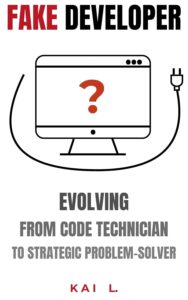 The book cover of 'Fake Developer', a book about the journey from being a code technician to a strategic problem-solver.